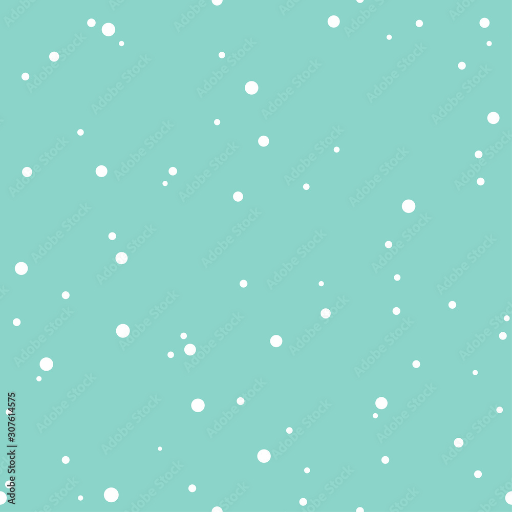 Winter seamless pattern. Sky with flat white snow dots on powder blue background.