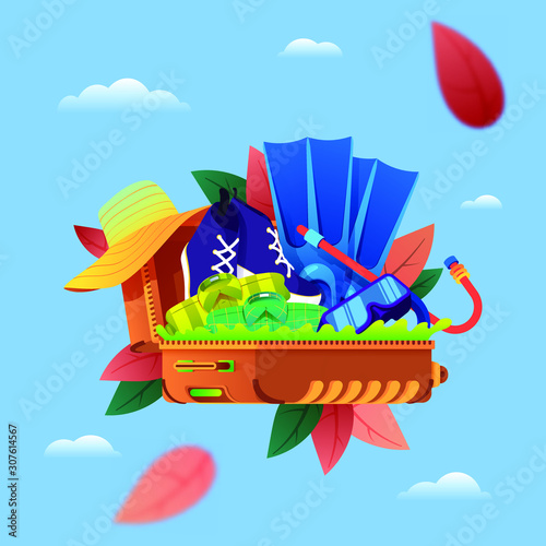 Summer vacation tourist trip. Colorful suitcase against the sky.