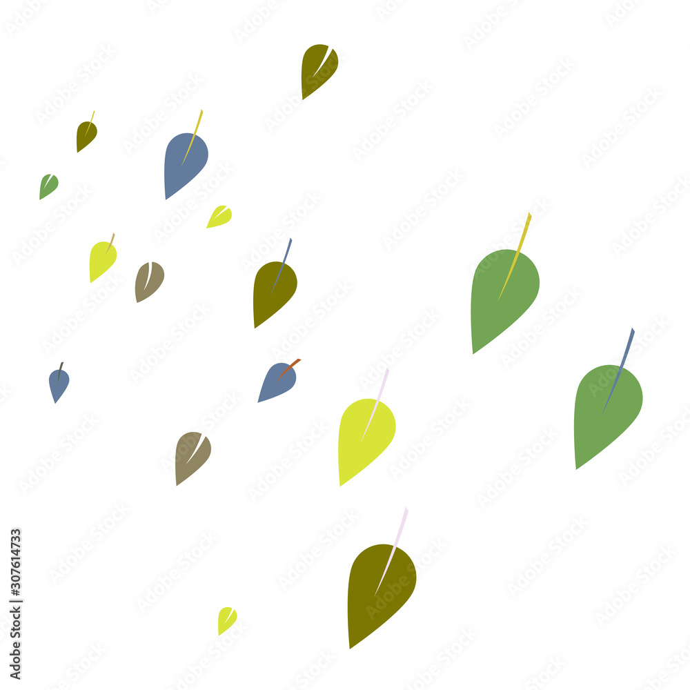 Colorful falling leaves, leaf flying in air. Various sizes, shapes, styles, green color palette. Minimalist vector illustration, design element, pattern. Lovely yellow green, teal, simple flat design