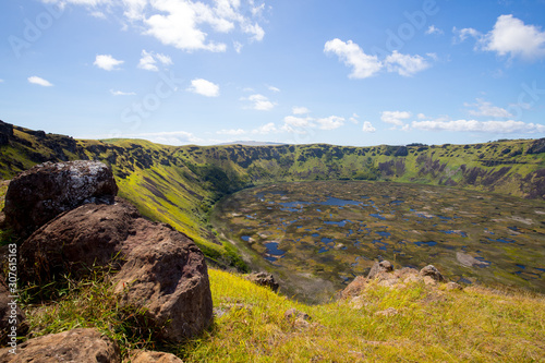 View from the village of Orongo of the crater of Rano Kau in Easter Island. Easter Island, Chile
