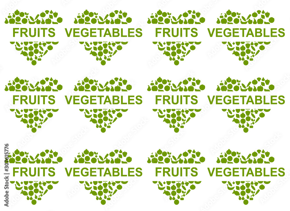 heart with fruits and vegetables, vector pattern