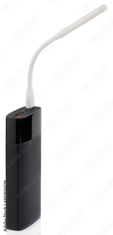 Power bank with Plastic USB LED portable lamp isolated on white background Power bank with Plastic USB LED portable lamp isolated on white background