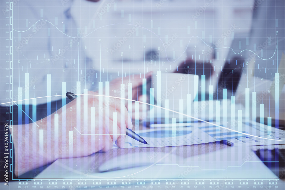 Double exposure hands with stock market chart. Double exposure hands with stock market chart.
