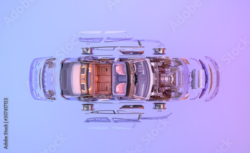 Car top view. 3D flat lay exploded view illustration of vehicle for automobile poster. Car assembly, automotive industry, auto repair service, spare parts business, technology ads design background photo