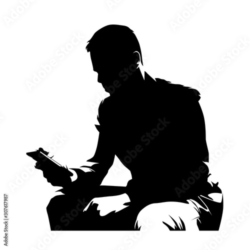 Businessman in suit sitting and holding cell phone, isolated ink drawing, vector silhouette