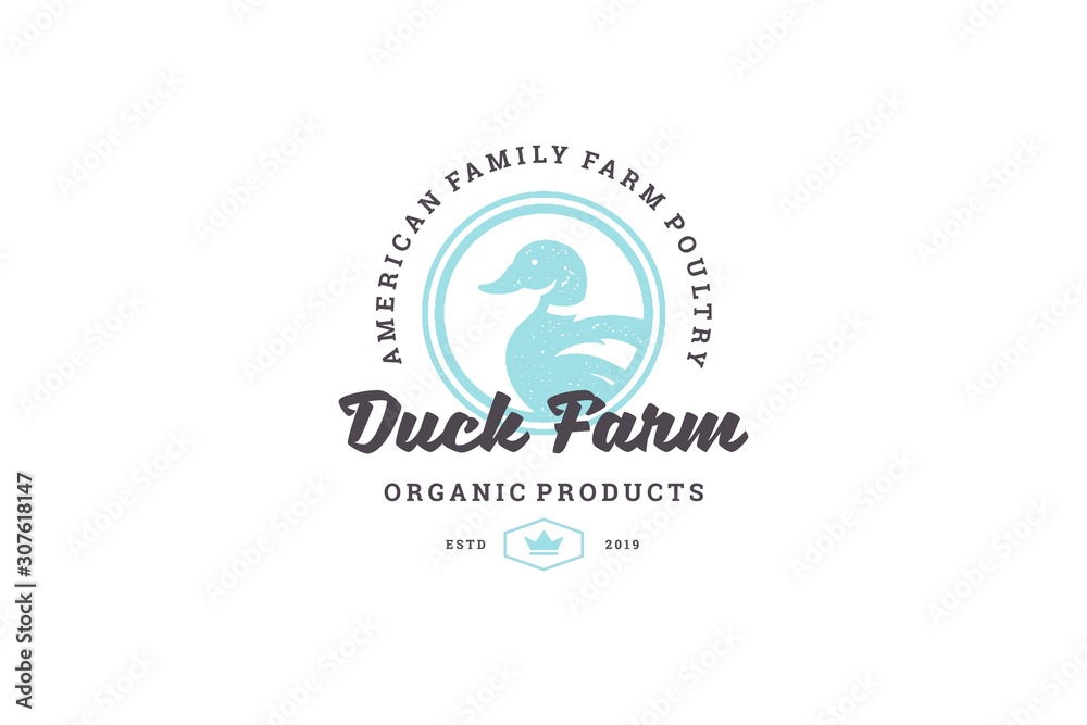 Hand drawn logo poultry duck silhouette and modern vintage typography retro style vector illustration.