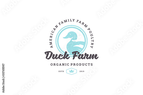 Bilde på lerret Hand drawn logo poultry duck silhouette and modern vintage typography retro style vector illustration