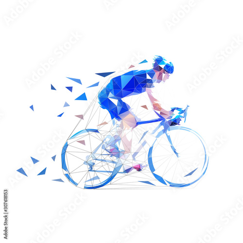 Cyclist. Road cycling low poly illustration. Side view, isolated vector geometric drawing