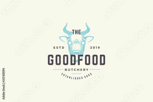 Hand drawn logo cow head silhouette and modern vintage typography retro style vector illustration.