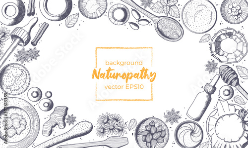 Monochrome vector horizontal background with copy space for text and hand drawn illustration of naturopathy elements in sketch style. Best for organic cosmetics and alternative medicine.