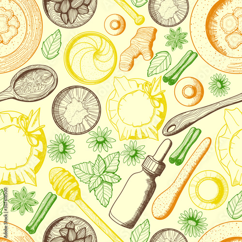Vector seamless pattern with colorful hand drawn medicals herbs and kitchen elements in sketch style on pastels yellow background. Best for print design, wrapping paper or web. 
