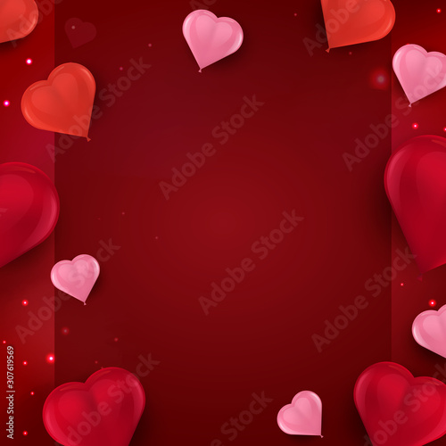 Vector background with 3d red and pink air heart balloons and empty space for your text