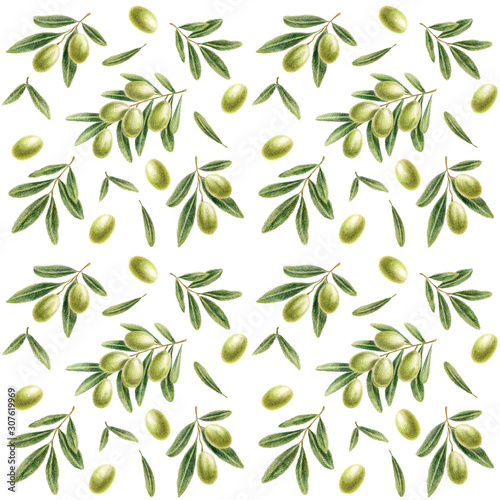 Seamless pattern with green olives and olive leaves