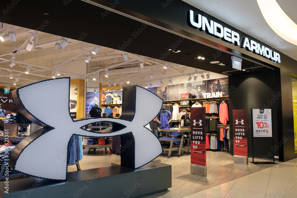 SINGAPORE - MAY 31, 2018_Decoration of Under Armour shop at VivoCity, the  largest shopping mall in Singapore. Under Armour is an American brand that  manufactures footwear, sports, and casual apparel Stock Photo
