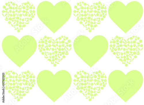 background with hearts with fruits and vegetables, pattern