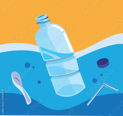 bottle plastic and garbage polluted sea water, no plastic campaign in flat illustration vector
