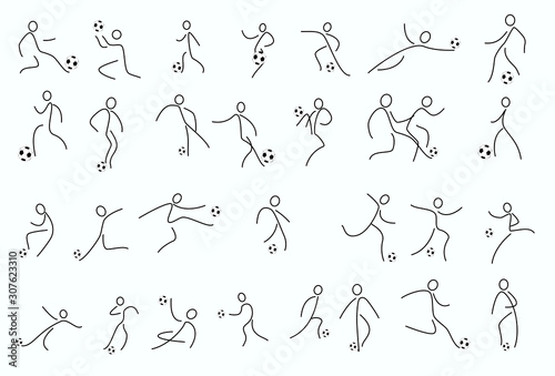 Fototapeta Naklejka Na Ścianę i Meble -  Soccer Players Kicking Ball and goalkeepers. Set Collection of different football poses. Linear Vector illustration