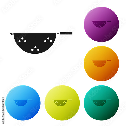 Black Kitchen colander icon isolated on white background. Cooking utensil. Cutlery sign. Set icons colorful circle buttons. Vector Illustration