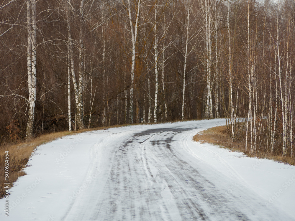 Obraz premium first snow. winter forest snowy white road