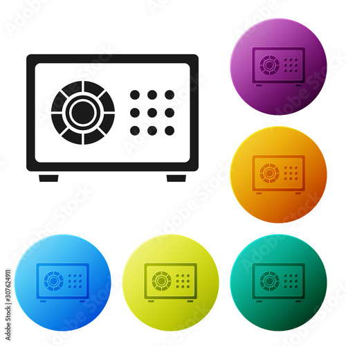 Black Safe icon isolated on white background. The door safe a bank vault with a combination lock. Reliable Data Protection. Set icons colorful circle buttons. Vector Illustration