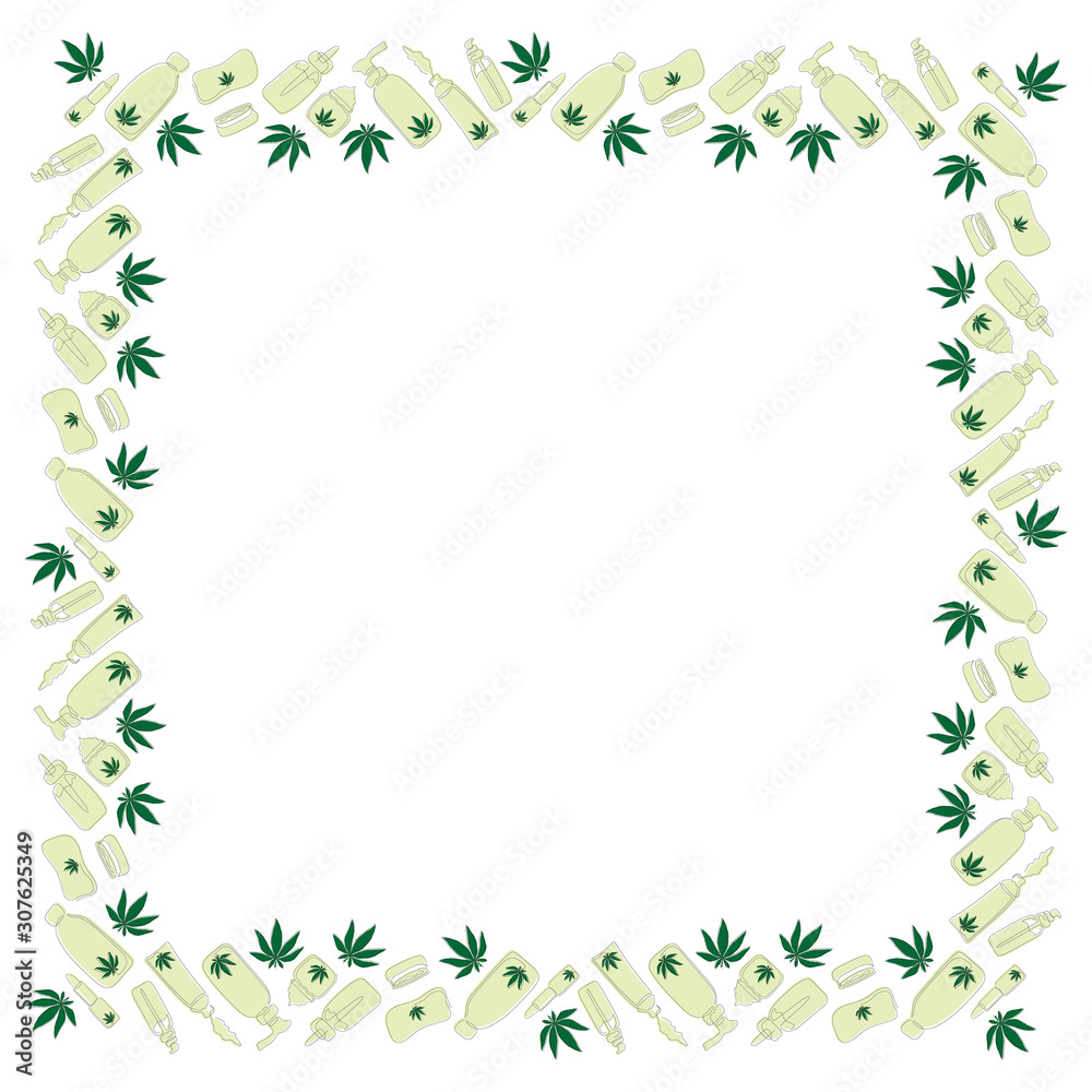 Square frame of hemp and cosmetics based on it drawn in a single line with colored substrates on a white background. Template for text, advertising etc. Vector.