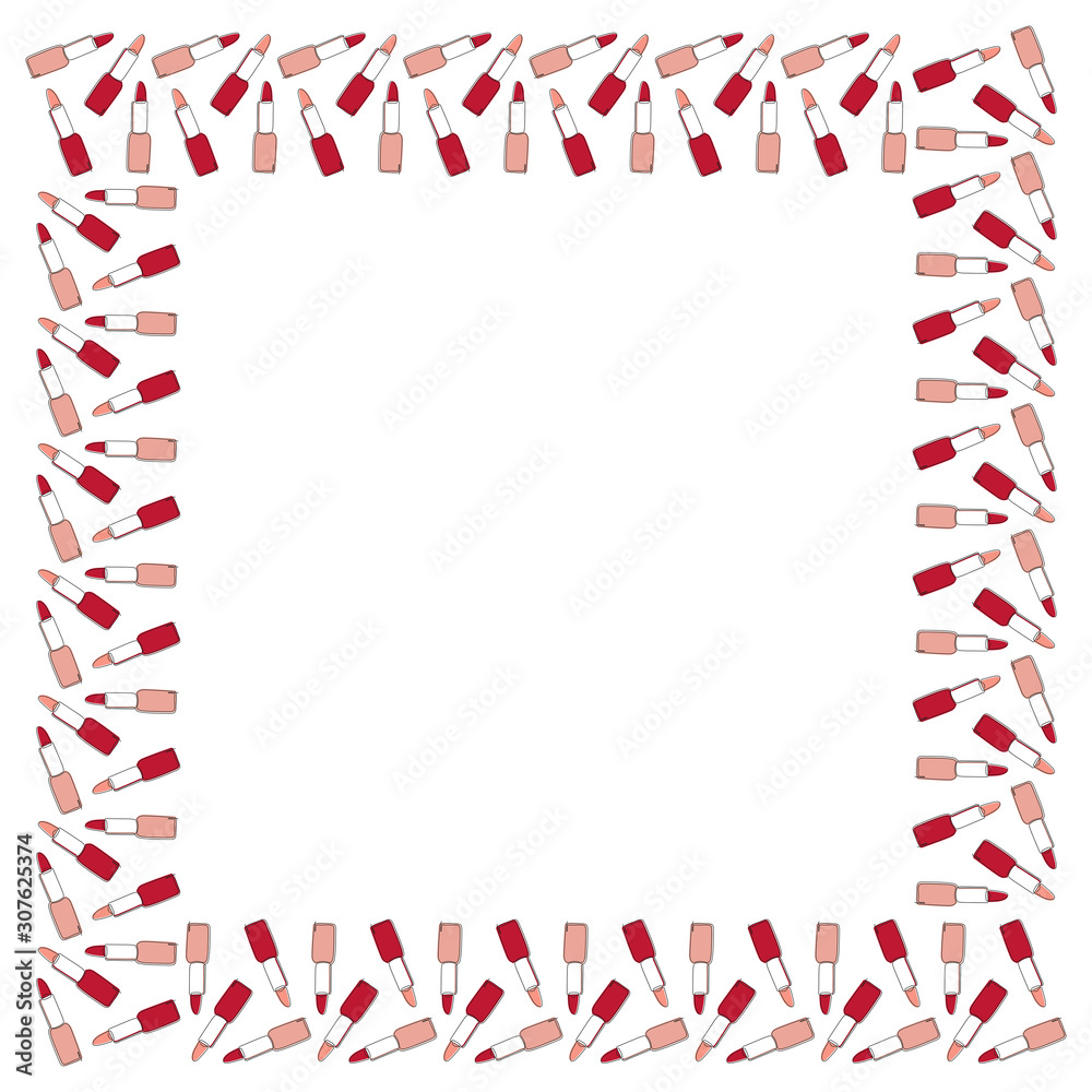 Square frame of lipsticks from the contours drawn in one line and colored substrates on a white background. Template for text, advertising, flayer etc. Vector. Square frame of lipsticks from the contours drawn in one line and colored substrates on a white background. Template for text, advertising, flayer etc. Vector.