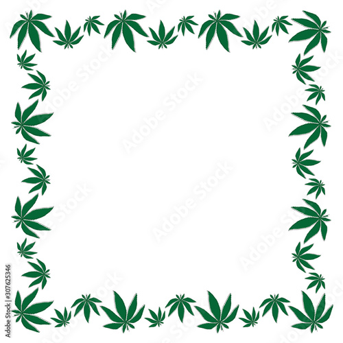 Square frame cannabis leaf from outlines drawn in one line and green substrates on a white background. Template for text. Vector.