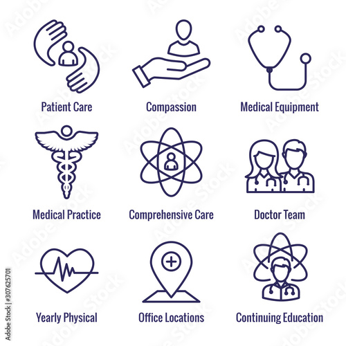 Physician Care Icon Set w medical, patient, and health care, etc