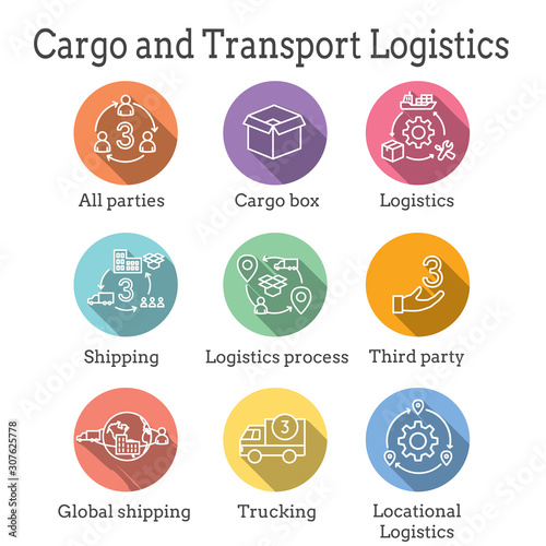 Logistics icon set with buildings, trucking, people & shipping box