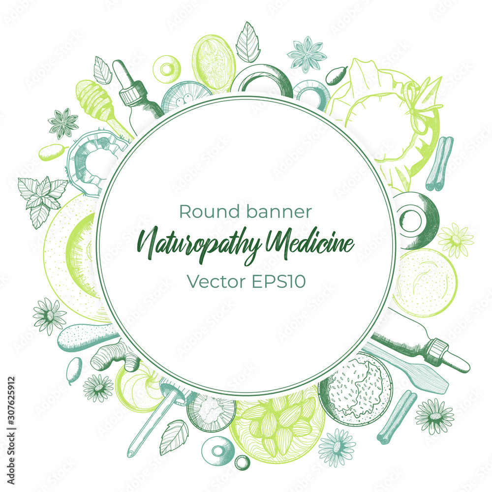 Colorful vector roundl background with copy space for text and hand drawn illustration of naturopathy elements in sketch style. Best for organic cosmetics and alternative medicine.
