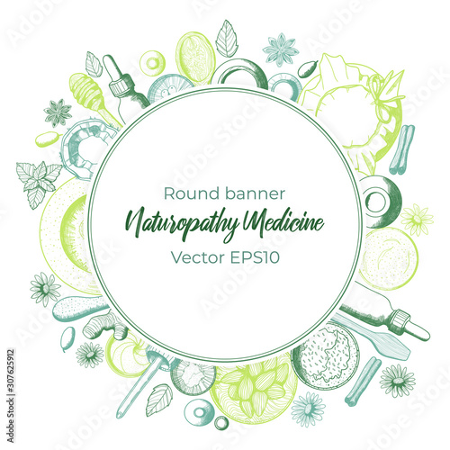 Colorful vector roundl background with copy space for text and hand drawn illustration of naturopathy elements in sketch style. Best for organic cosmetics and alternative medicine.