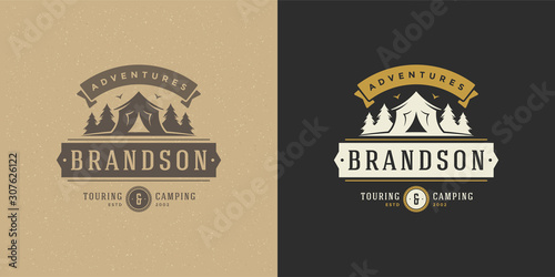 Forest camping logo emblem summer camping vector illustration with tent and pine trees silhouettes