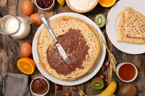 crepe with chocolate and fruit, top view