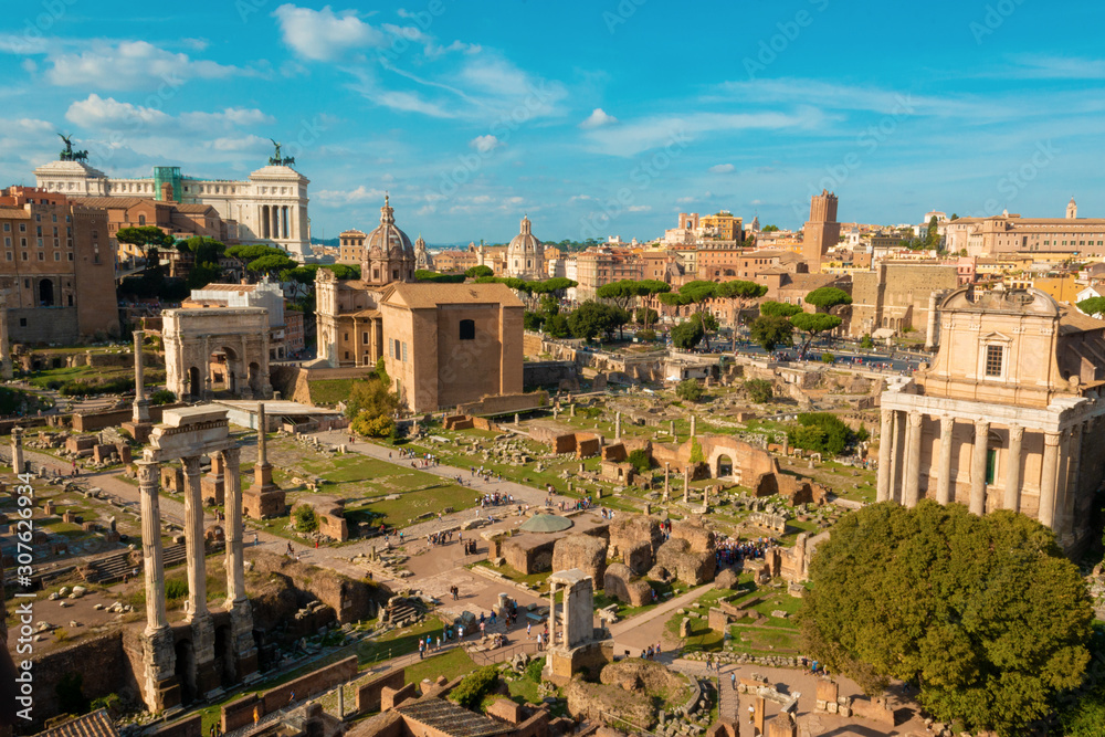 Up view of Roman forum ruins 