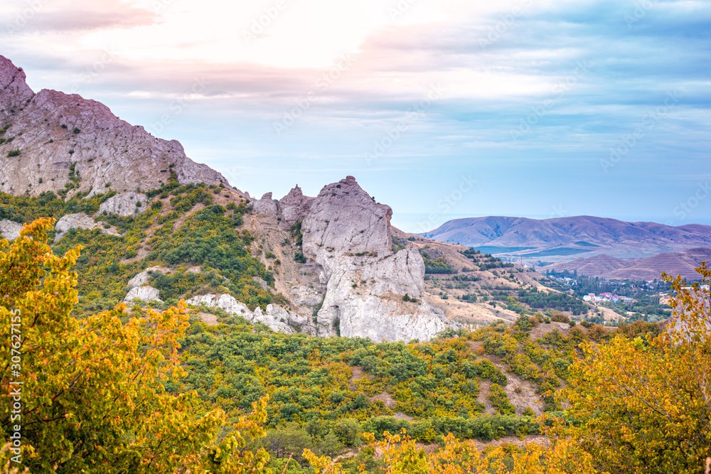 high in the mountains in Crimea on an autumn day at sunrise