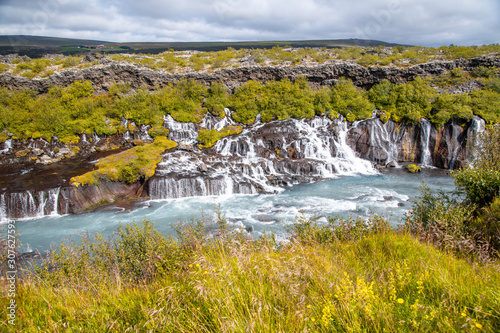 Iceland landscape. Hraunfossar Waterfalls in summer season