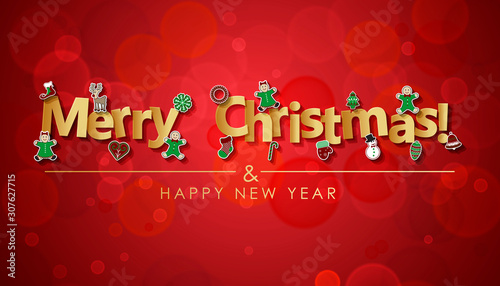 Merry Christmas and Happy New Year text greeting card with Christmas ornaments. Xmas gift card Vector background
