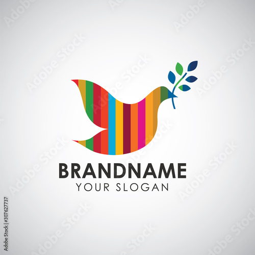 Rainbow stripe Bird flying to build nest illustration. leaves on a birds Beak. Business logo design. Leave on a birds beak. Building Nest. logo design. SDG goal 16 peace justice & strong institutions.