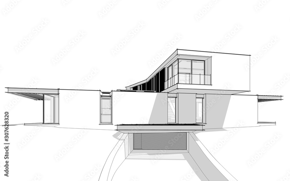 3d rendering of modern cozy house on the hill with garage and pool for sale or rent. Black line sketch with soft light shadows on white background. 3d rendering of modern cozy house on the hill with garage and pool for sale or rent. Black line sketch with soft light shadows on white background.