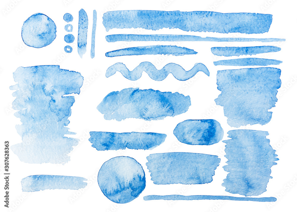 Set di pennellate dipinto acquerello blu. Sfondo bianco - obrazy, fototapety, plakaty 