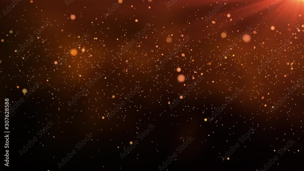 Abstract festive golden particles seamless loop. Gold dust floating with flare in slow motion. Christmas and holiday looped 3D render of luxury glowing dust with bokeh, depth of field. 4K background Abstract festive golden particles seamless loop. Gold dust floating with flare in slow motion. Christmas and holiday looped 3D render of luxury glowing dust with bokeh, depth of field. 4K background