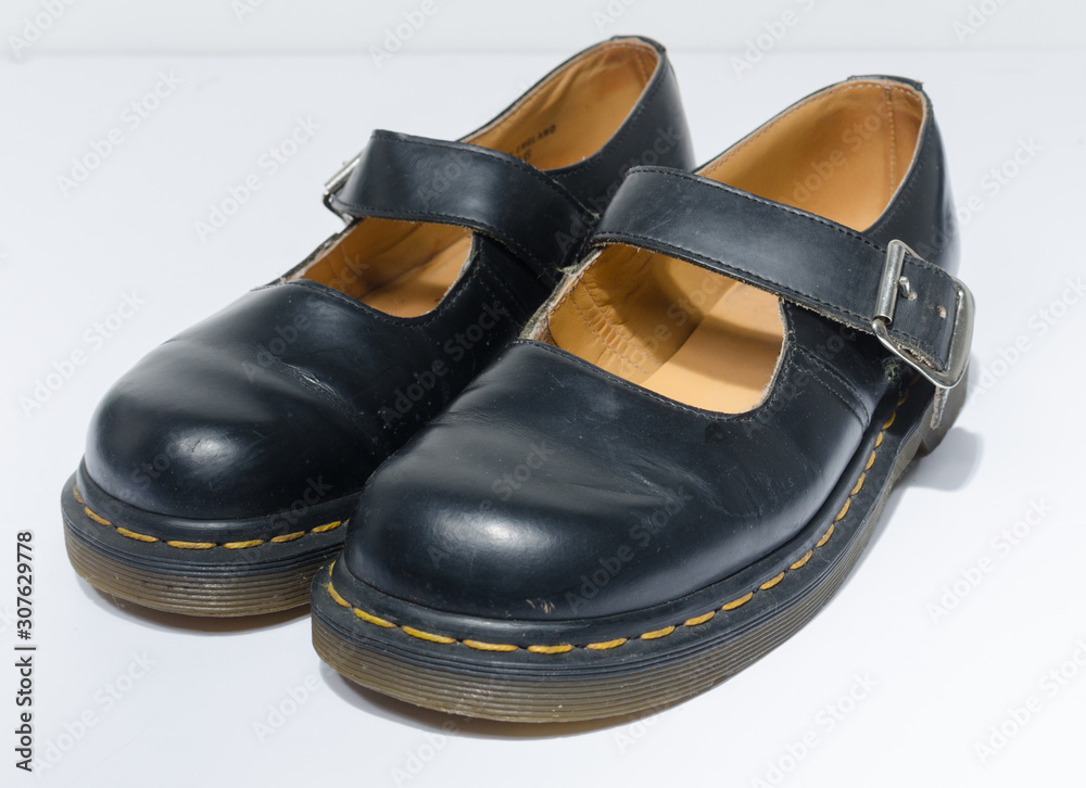 london, england, 05/05/2019 DR MARTENS 5026 MARY JANE VINTAGE SHOES DARK  BLUE ORIGINAL MADE IN THE UK. fashionable punk historic british made  leather boots. dr martens air war with bonding soles. Stock