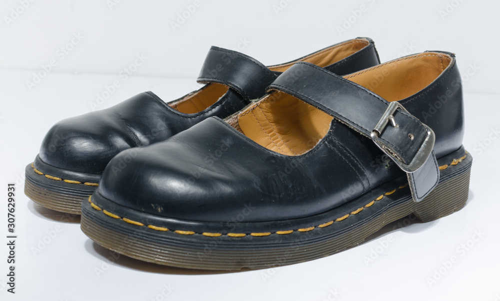 london, england, 05/05/2019 DR MARTENS 5026 MARY JANE VINTAGE SHOES DARK  BLUE ORIGINAL MADE IN THE UK. fashionable punk historic british made  leather boots. dr martens air war with bonding soles. Stock