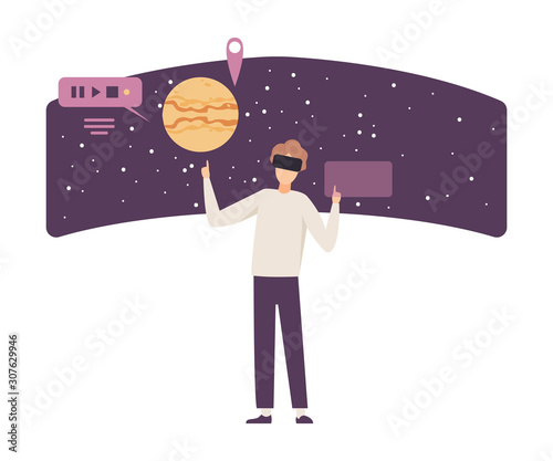 Man Wearing Glasses and Exploring Solar System Vector Illustration