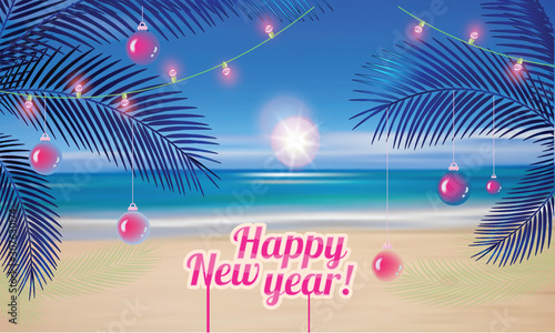 New Year in hot countries palm trees, sea, New Year's toys art