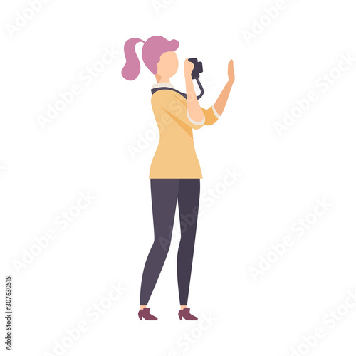 Woman Standing Beside the Globe Making Photo with Camera Vector Illustration