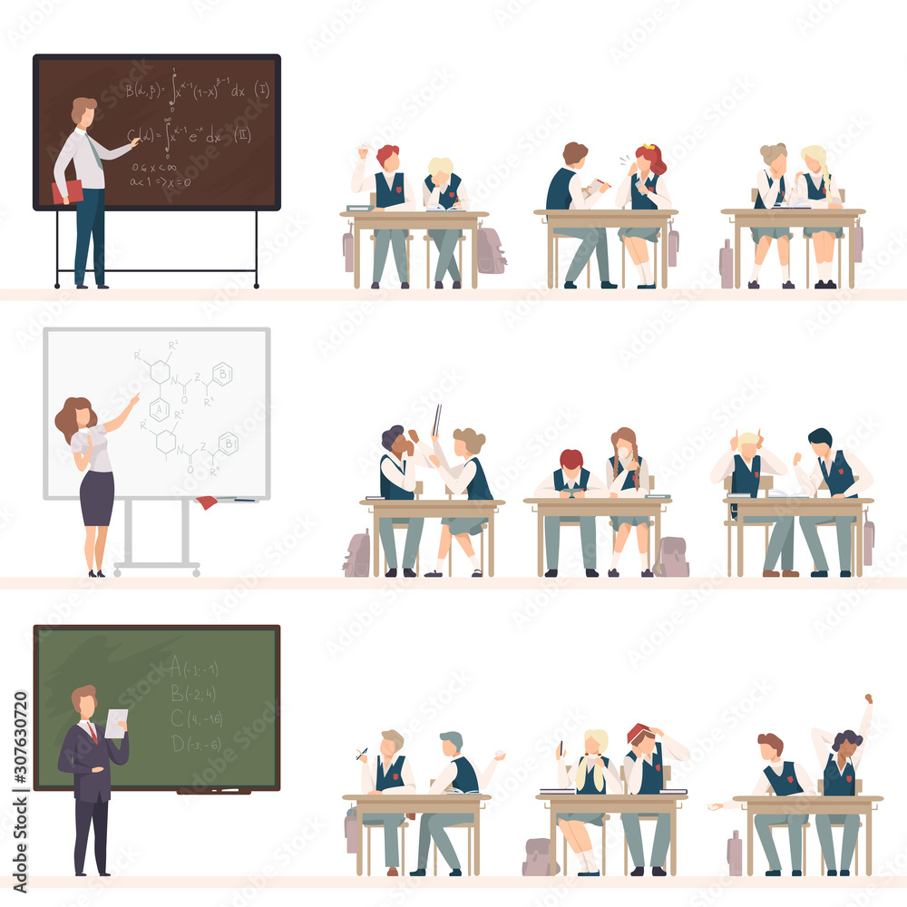 Naughty Pupils Sitting At School Desk Vector Illustration