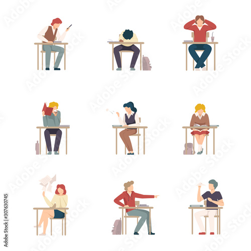 Naughty Pupils Sitting At School Desk Vector Illustration