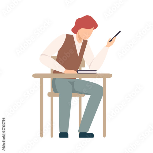 Naughty Boy Sitting At School Desk Holiding Smartphone During Lesson Vector Illustration