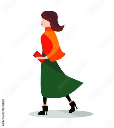 Vector image of a young brunette woman in a skirt and sweater walking and holding a clutch bag in her hand.